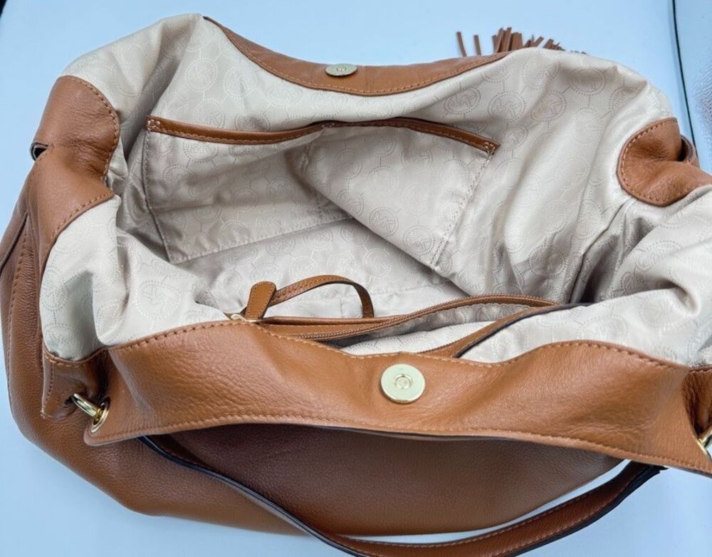 Michael Kors Brown Pebbled Leather Shoulder Hobo Bag Large Purse Tassel - Picture 12 of 16